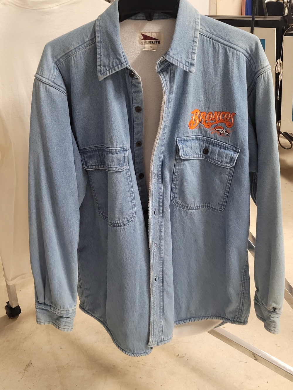 Faded  Blue Denim Heavy Jean Jacket Line with Orange Broncos Embroidery